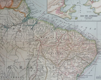 1903 South America (Eastern part) Original Large Antique Map with inset map of Rio de Janeiro - Brazil, Paraguay, Dutch Guiana French Guiana