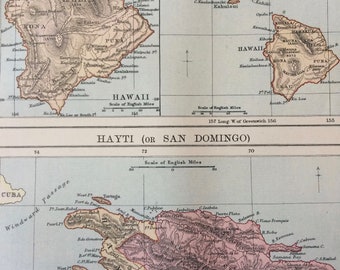 1875 Hawaiian Islands and Haiti (San Domingo) Original Antique Map - Hawaii - Available Matted and Framed