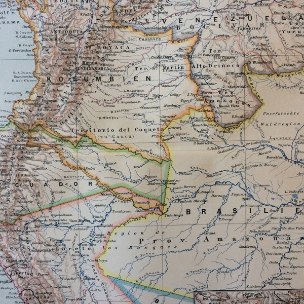 1896 Peru, Ecuador, Colombia and Venezuela Original Antique Map - Available Framed - Cartography - South America - Wall Decor