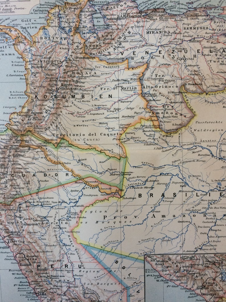 1896 Peru, Ecuador, Colombia and Venezuela Original Antique Map Available Framed Cartography South America Wall Decor image 1