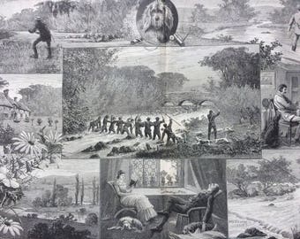 1883 Sport in North Devon: Trout-Fishing and Otter-Hunting Large Original Antique Engraving, Victorian Decor, England, Countryside