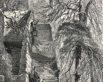 1876 Guy's Tower and the walls of Warwick Castle Original Antique Wood Engraving - Mounted and Matted - Architecture - Available Framed