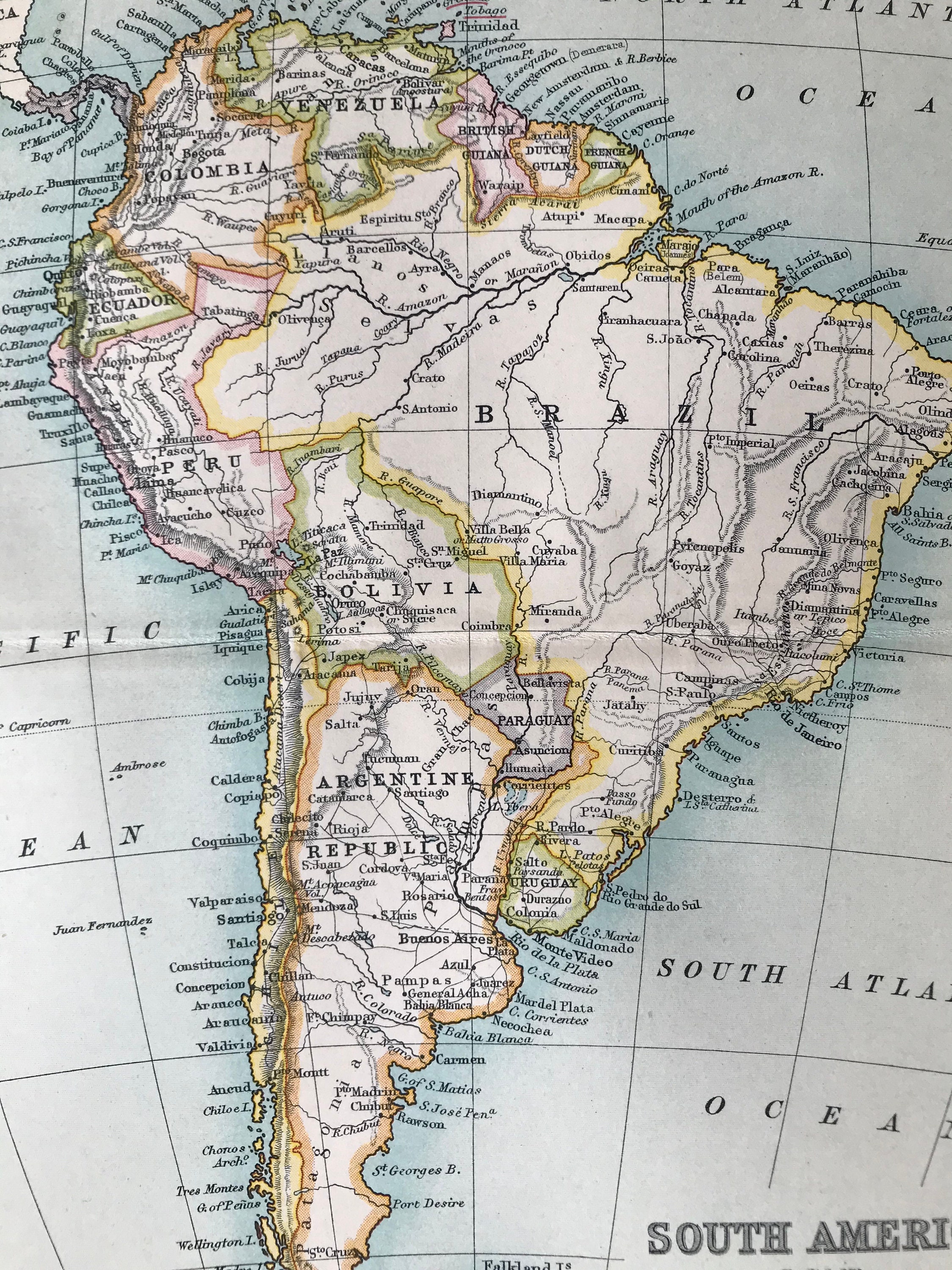 1912 South America Original Antique Map Argentine Republic Brazil Venezuela Bolivia Peru Mounted And Matted Available Framed