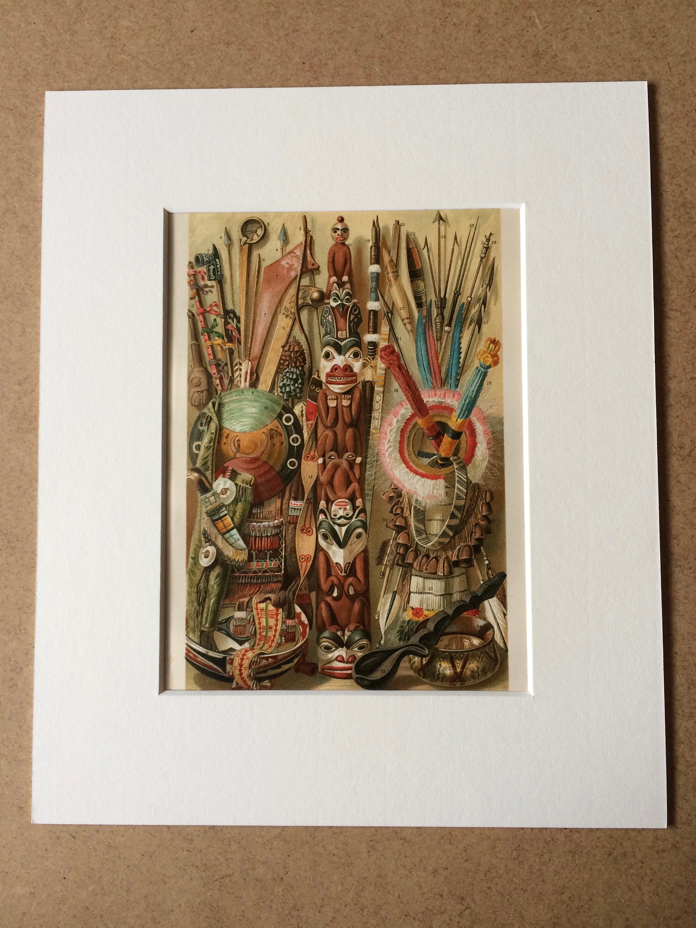 1896 Native American Culture Original Antique Lithograph Mounted and