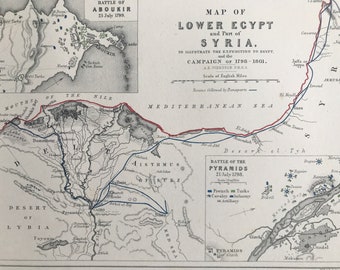 1875 Lower Egypt and Part of Syria to illustrate the Expedition of Egypt 1798-1801 Original Antique Map - Military Map - Available Framed