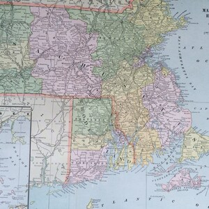 1901年マサチューセッツ州とロードアイランド州の大型オリジナルアンティークマップ、22.5 x 14.5インチ、ホームデコレーション、地図作成、地理、ヴィンテージデコレーション
