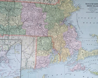1901 MASSACHUSSETS & RHODE ISLAND Large Original Antique Map, 22.5 x 14.5 inches, Home Decor, Cartography, Geography, Vintage Decor