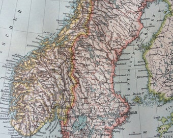 1897 Sweden and Norway Original Antique Map - Available Framed - Scandinavia - Vintage Map
