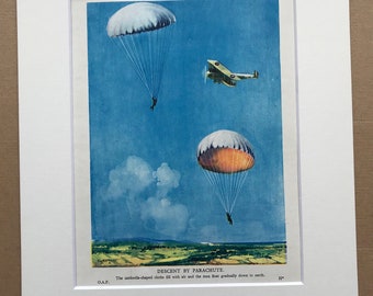1940 Descent by Parachute Original Vintage Print - Mounted and Matted - Aircraft - Airplane - RAF - Available Framed