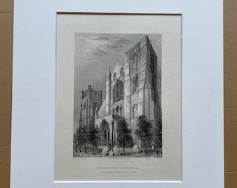 1838 Chichester Cathedral - West Front with the Bell Tower Original Antique Engraving - Architecture - Mounted and Matted - Available Framed