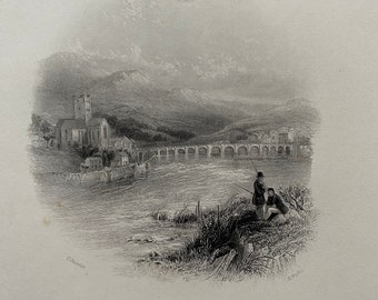 1840 Killaloe on the Shannon, Clare Original Antique Engraving - Ireland - Mounted and Matted - Available Framed