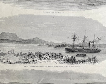 1864 New Zealand Wars - Rangariri, Maori Prisoners and Maori Stronghold Original Antique Engraving - Australia - Available Framed