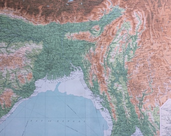 1922 INDIA (Northeastern Section) Large Original Antique Times Atlas Physical Map with inset map of Calcutta - Bangladesh - Burma - Myanmar