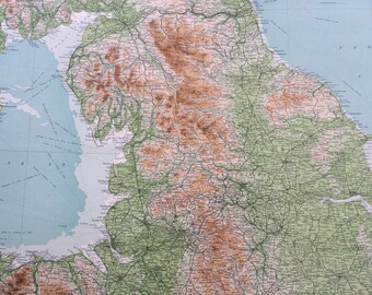 1922 ENGLAND & WALES (Northern Section) Large Original Antique Times Atlas Physical Map - Isle of Man - Lancashire - Denbigh - Yorkshire