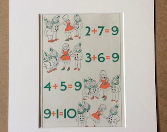 1940s Mathematics for Children Original Vintage Print - Mounted and Matted - Nursery Decor - Arithmetic - Children  - Available Framed