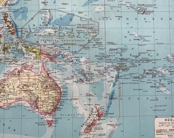 1924 Oceania Original Antique Map - Pacific Islands - Australasia - Available Framed