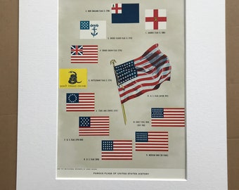 1951 Famous Flags of United States History Original Vintage Print - Vexillology - Flag Decor - Mounted and Matted - Available Framed