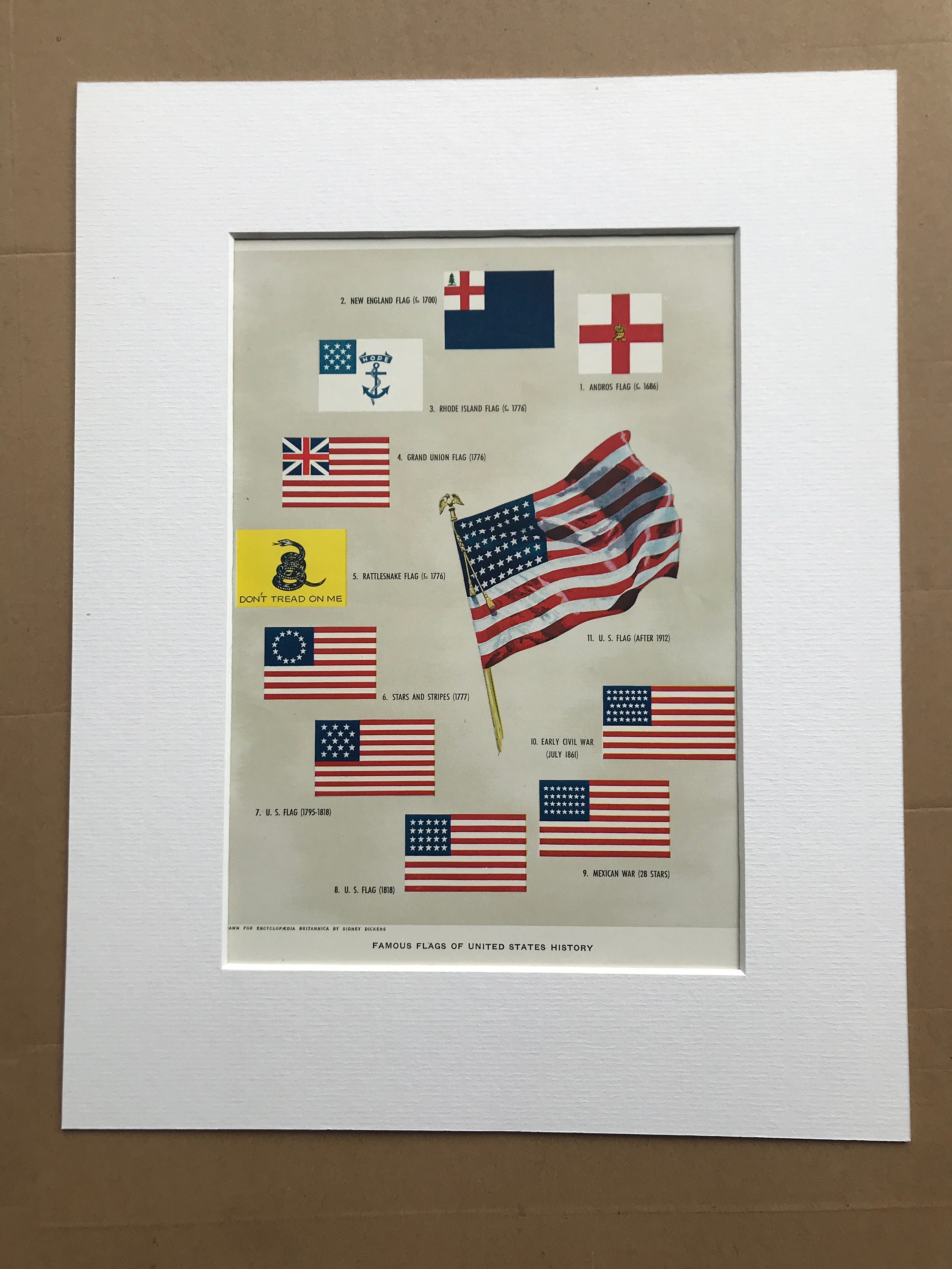 1951 Famous Flags of United States History Original Vintage Print -  Vexillology - Flag Decor - Mounted and Matted - Available Framed