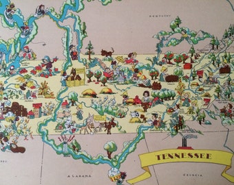 1935 Tennessee Original Vintage Cartoon Map - Ruth Taylor White -  Mounted and Matted - Whimsical Map - United States