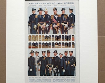 1940s Uniforms & Badges of Naval Officers Original Vintage Print - Mounted and Matted - Navy - Military Decor -  Framed Vintage Art