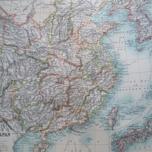 Carte ancienne originale de la Chine et du JAPON de 1907, cartographie, carte historique, décoration murale, décoration d'intérieur, W & A. K Johnston Atlas - Asie