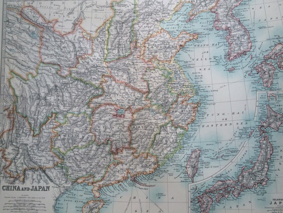 1907年 中国と日本のオリジナルアンティーク地図、地図作成、歴史地図