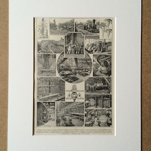 May include: A monochrome vintage print showing agricultural and industrial scenes, mounted on a white mount board. The print features farming, a train, and factory processes. It is a historical illustration, likely from the late 19th or early 20th century.