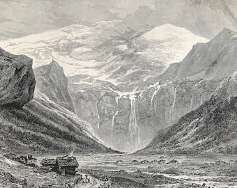 1876 Plan des Isles, Val des Ormonds Original Antique Wood Engraving - Mounted and Matted - Switzerland - Landscape - Available Framed