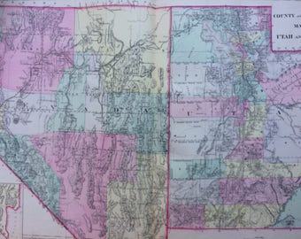 1888 UTAH & NEVADA Town County and Township large rare original antique Mitchell Map - Wall Decor - Home Decor - Gift Idea - US State Map