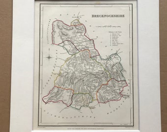 1845 Brecknockshire Original Antique Hand-Coloured Engraved Map - UK County Map - Available Framed - Wales