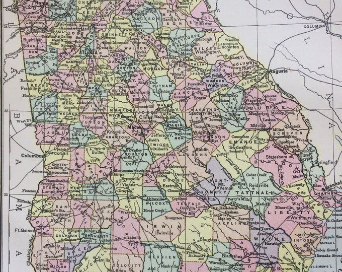 Featured listing image: 1875 Georgia Original Antique Map - GA - US State Map - United States - Vintage Wall Map - Available Matted and Framed