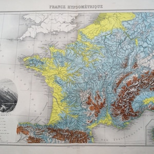 1892 Frankreich (Hypsometric) Originale antike Karte, Nouvel Atlas Illustre, französische Atlaskarte, Geographie, Kartographie, historische Karte