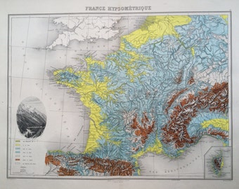 1892 France (Hypsometric) Original Antique Map, Nouvel Atlas Illustre, French atlas map, Geography, Cartography, Historical Map