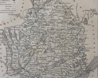 1848 Monmouthshire Original Antique Engraved Map - UK County Map - Decorative Art - Cartography - Wall Decor - England