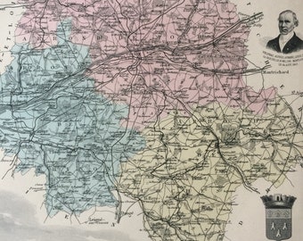 1890 Indre et Loire Original Antique Map - Department of France - Inset Steel Engraving of Tours - Decorative Art - Available Framed