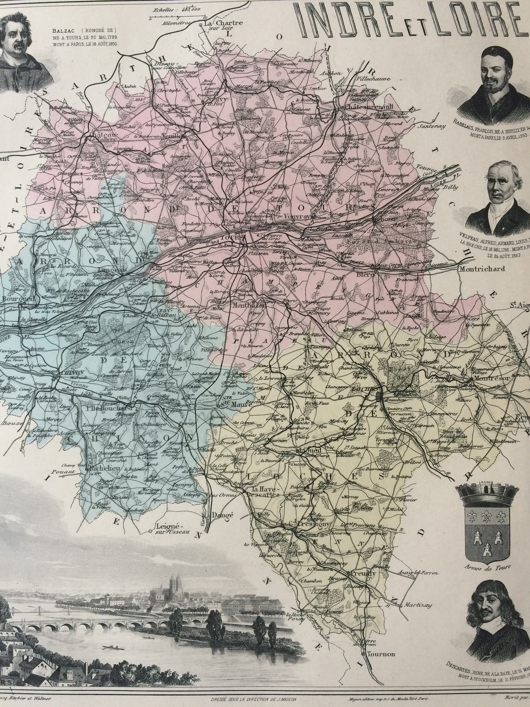 1890 Indre et Loire Large Original Antique Map Department of Etsy