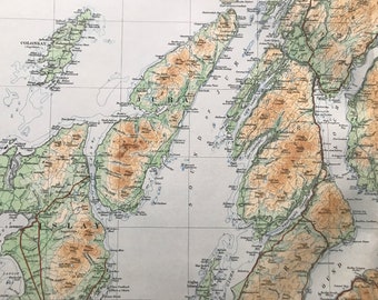 1924 Glasgow, Renfrewshire, Bute, Dumbarton, Hebrides Original Antique Ordnance Survey Panorama Map - Scotland - Cartography - Geography