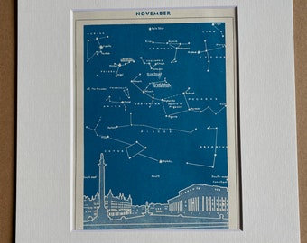 1940s November Star Map seen over Liverpool Original Vintage Print - Mounted and Matted - Astronomy - Celestial Art - Available Framed