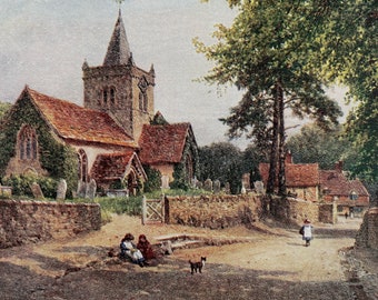 1922 Surrey - Witley Church Original Antique Print - England - Mounted and Matted - Available Framed