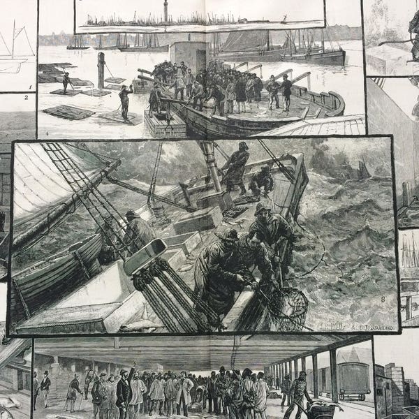 1883 Line Fishing for Cod - British Fishing Industry Extra Large Original Antique Engraving, Victorian Decor, Cabin Decor, Gift for Him