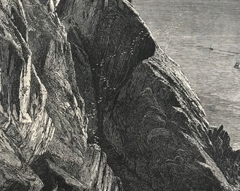 1876 Carrigan Head Original Antique Wood Engraving - Mounted and Matted - Ulster - Ireland - Available Framed