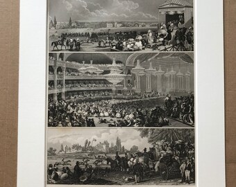 1849 Opera House Theatre and Polo Match Racecourse Horse Racing Original Antique Engraving - Mounted and Matted - Available Framed