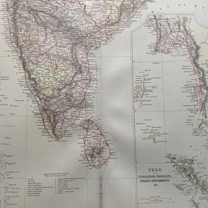 1882 Südindien Große Original antike Landkarte mit Landkarte von Pegu, den Tenasserim Provinzen, Straßsiedlungen - Ceylon, Malediven