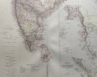 1882 Southern India Large Original Antique Map with inet map of Pegu, the Tenasserim Provinces, Straits Settlements - Ceylon, Maldives