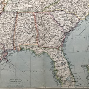 1903 Southern United States Original Antique Map with inset map of the Mouths of the Mississippi - Tennessee - Alabama - Georgia - Florida