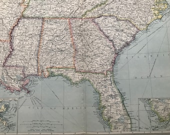 1903 Southern United States Original Antique Map with inset map of the Mouths of the Mississippi - Tennessee - Alabama - Georgia - Florida