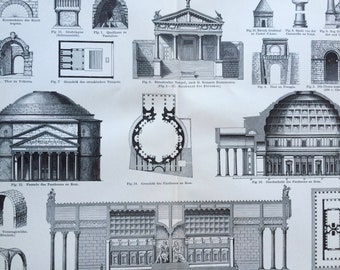 1897 Etruscan & Roman Architecture Original Antique Print - Available Framed - Gift for Architect - Vintage Decor