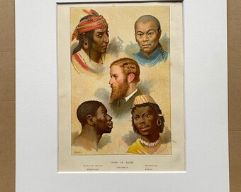 1880 Human Races Original Antique Print - Mounted and Matted - Available framed - Vintage Wall Decor - Ethnography - Anthropology