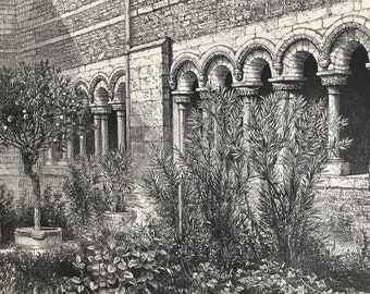 1876 Cloister at Tongres Original Antique Wood Engraving - Tongeren - Belgium - Mounted and Matted - Available Framed