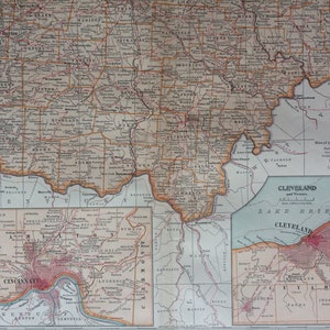 1903 Ohio (Southern Part) Original große antike Landkarte mit Nebenkarten von Cincinnati und Cleveland - Wandkarte - 11 x 16 Zoll - Detailkarte